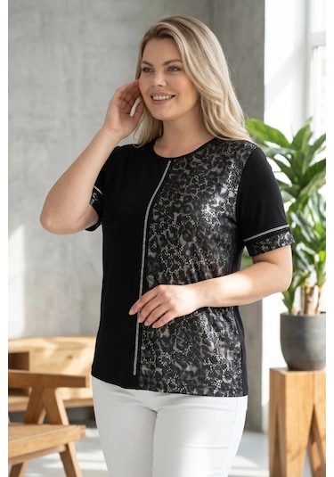 Aytemas Leopar Desenli Taş Detaylı Bluz Siyah/grileopar