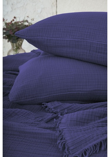 %100 Pamuk Çift Kişilik Müslin Yatak Örtüsü 4 Katlı Yumuşak Battaniye Müslin Pike Takımı 3 Parça Lacivert Lacivert