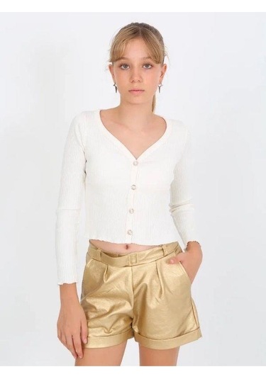 Kız Çocuk Kaşkorse Taşlı Düğmeli Hırka-14807 Ekru