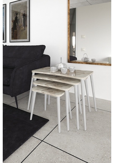 Selen 4lü Zigon Sehpa Ahşap Beyaz Ayaklı Salon Seti Çay Sehpası Beyaz Mermer