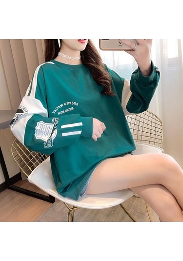 Novahub Yeşil Gevşek Dikiş Hoodie Kadın Yuvarlak Boyun Kadın Hoodies & Sweatshirt Sonbahar Kış Üstü Yeşil