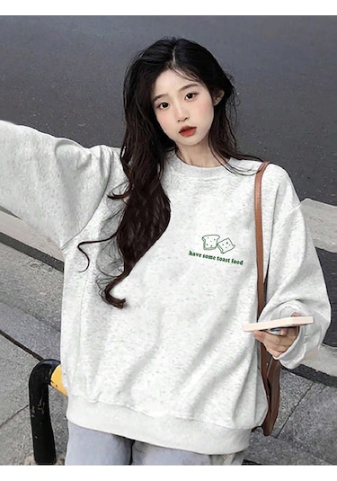 Slogan Grafikli Düşük Omuz Oversize Sweat-trzksw3197 Açık Gri