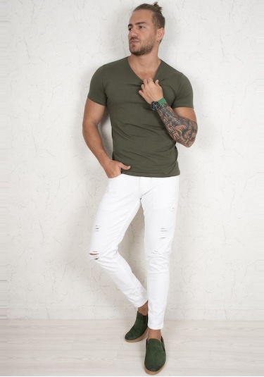 Deepsea Haki V Yaka Slim Fit Erkek Tişört 1801165 Haki Deepsea Haki V Yaka Slim Fit Erkek Tişört 1801165 Haki