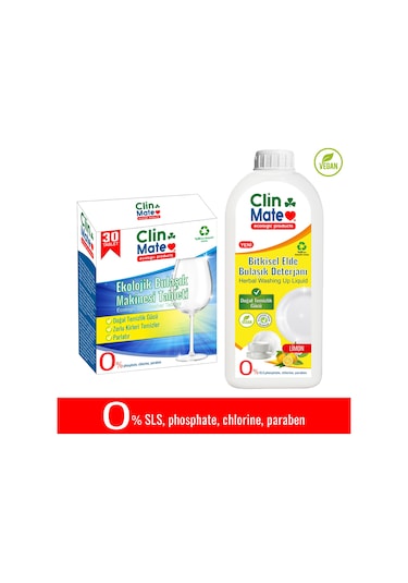 Clinmate Ekolojik Bulaşık Makinesi Deterjanı 30 Tablet + Bitkisel Elde Bulaşık Deterjanı Limon 750 ML
