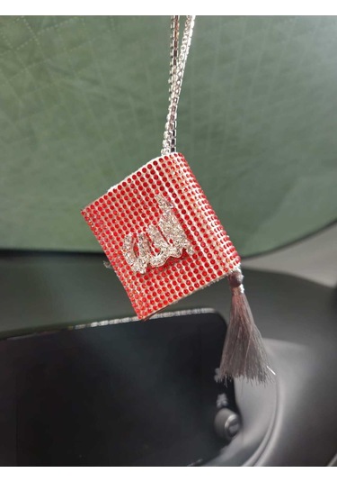 Kırmızı Kuran Kerim Gümüş Yazılı Gri Püskül