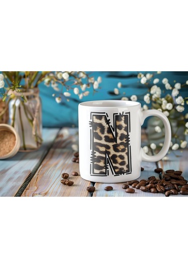 N Baş Harf Leopar Desenli Kupa Bardak - Kişiye Özel Feminen Konsept Hediye - Vahşi Hayvan Desenli Beyaz