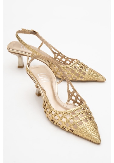 Luvishoes Luvi Shoes Heaven Altın Örme Arkası Açık Kadın Kısa Topuklu Ayakkabı Altın