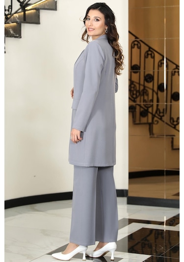 Parla Uzun Ceket Pantolon İkili Tesettür Takım Gri Gri