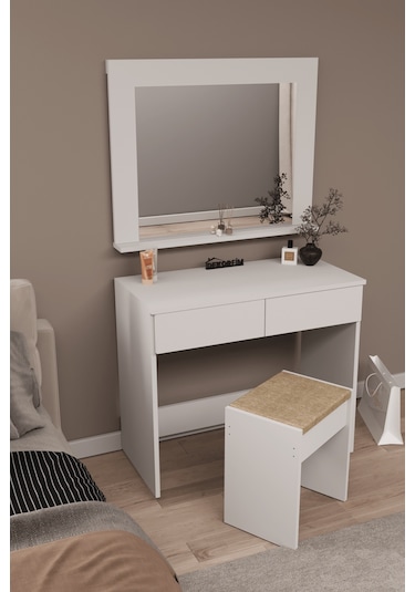 Df02109b Aynalı Puflu Beyaz Makyaj Masası Beyaz