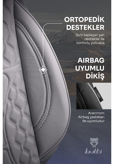 Gri - Gri Butti Speedy Serisi Premium Oto Koltuk Kılıfı Ortopedik Destekli, Ön Arka Tam Set, Aırbag Uyumlu
