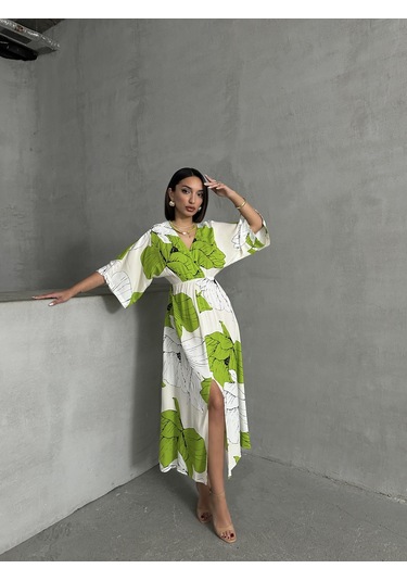 Kadın Kruvaze Yaka Yırtmaçlı Uzun Yazlık Elbise Yeşil - Beyaz