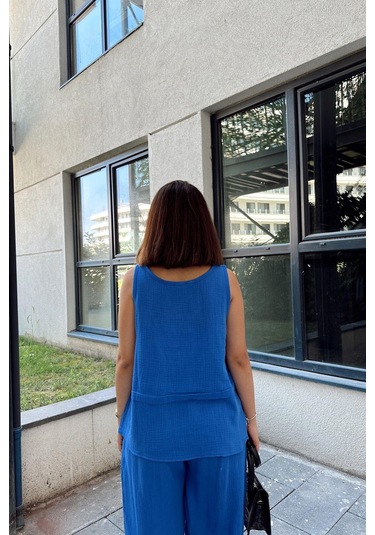 Saks İthal Müslin Kumaş, Basic, Katlı, Salaş Askılı Bluz & Atlet Saks