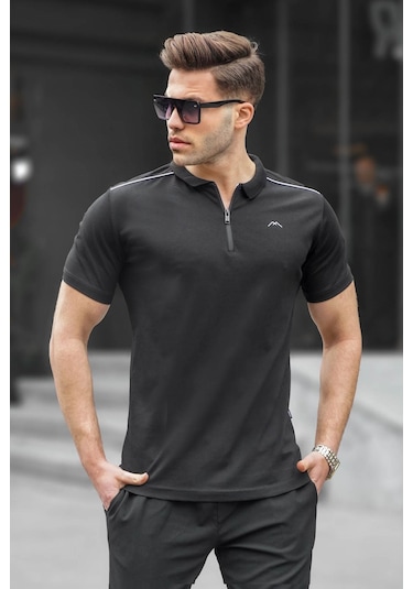 Madmext Erkek Siyah Basic Fermuarlı Polo Tişört 6076 Siyah