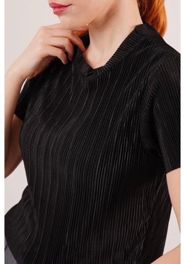 Fitilli Kısa Kollu Parlak Siyah Bluz Antrasit Melanj
