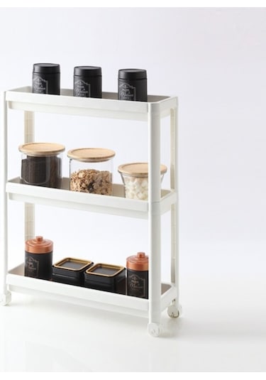 Bayev Banyo Mutfak Düzenleyici Organizer Katlı Raf Beyaz Tekerlekli 3 Katlı Raf Ünitesi Beyaz
