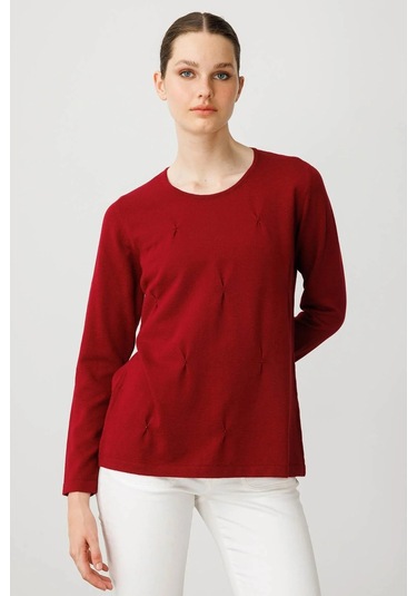 Desen Triko Kadın Sıfır Yaka Önü Pileli Boncuklu Ligralı Bluz 25095 Vişne Çürüğü Vişne Çürüğü