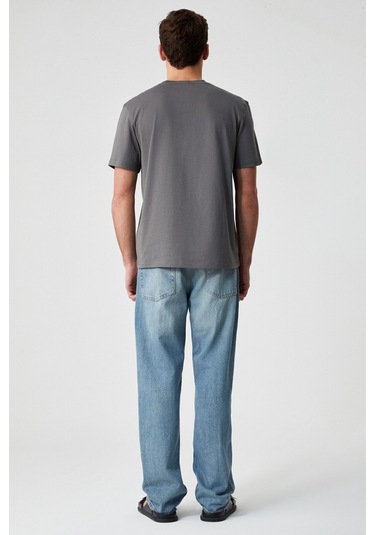 Solo Erkek %100 Organik Pamuklu Kalın Dokulu Comfort Fit Bisiklet Yakalı Gri T-Shirt