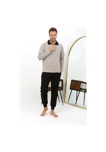 Akbeniz Erkek Polo Yaka Uzun Kol Penye Pijama Takımı 6862 Krem Krem