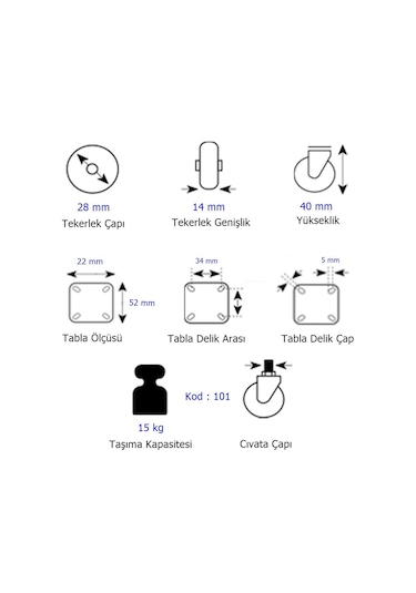 Hts Sabit Tablalı Mobilya Tekeri Tekerlek Çap 28 Mm Kod 101