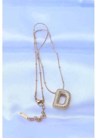 Mrs Flower Çelik Zincirli Zirkon Taşlı D Harfli Gold Renk Bubble Kolye Çok Renkli