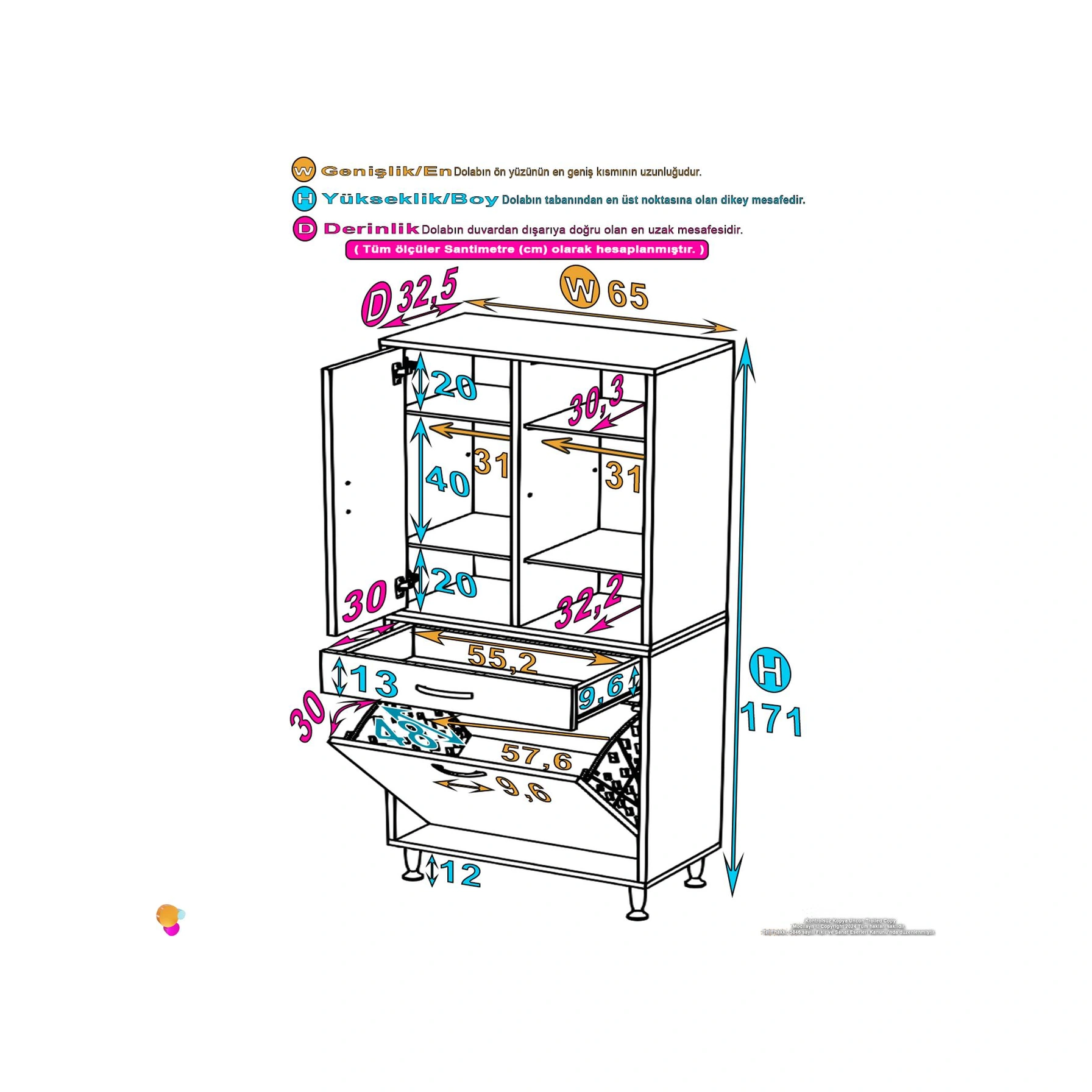 Yeni Kayra Tek Çekmece, 1 Göz Sepet, 2 Kapak, 6 Raf Dar Alan Banyo Dolabı 65x173x32,5 Cm Beyaz