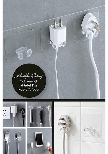 4lü Şeffaf Güçlü Kendinden Yapışkanlı Kablo Fiş Priz Askısı