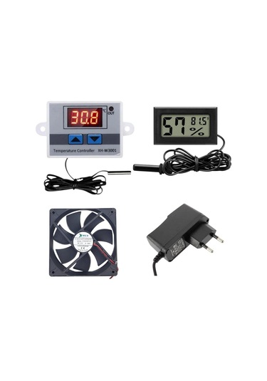 Kuluçka Makinesi Seti - 4 Parça - W3001 Termostat 220v - Isı Nem Ölçer - 12v Adaptör - 120x120 12v Fan-4925