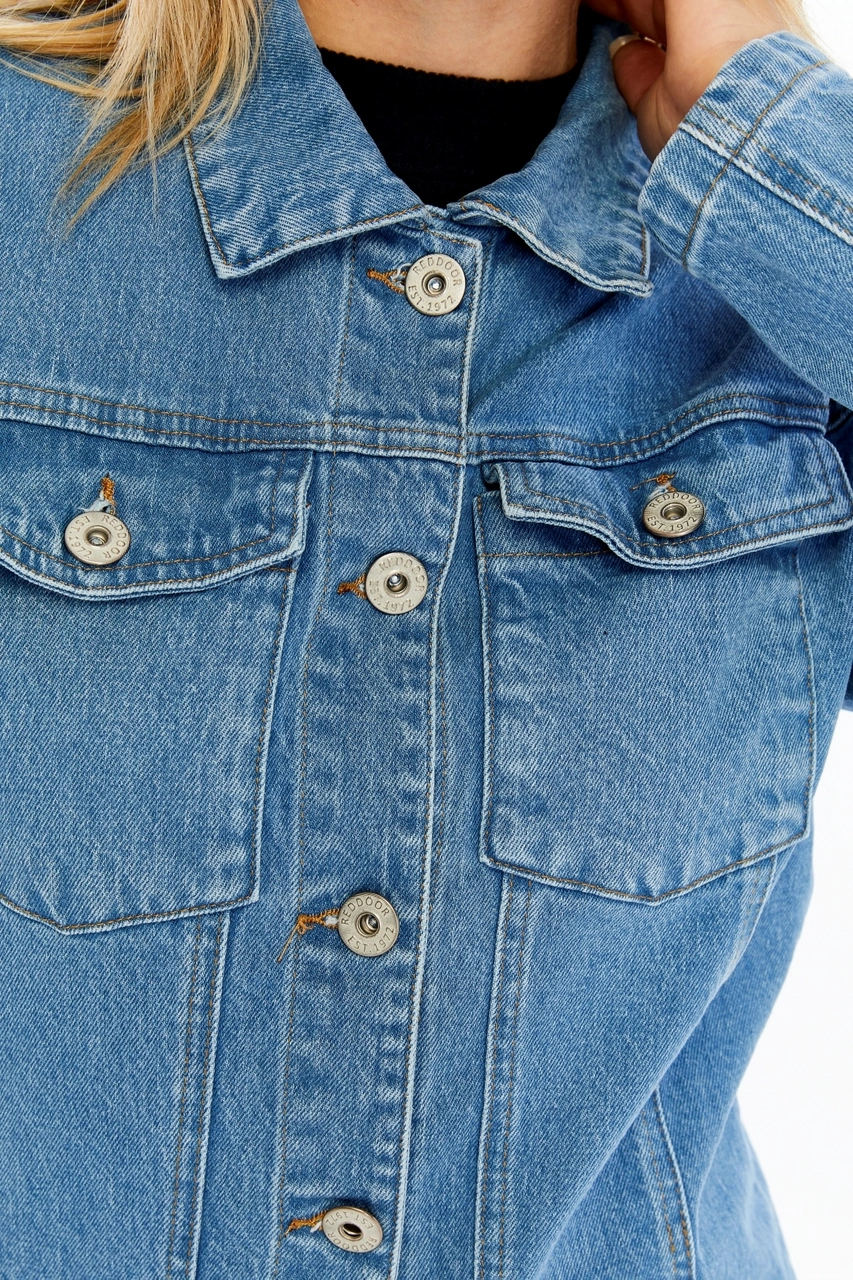 Kadın Denim Ceket Uzun Kollu Jean Ceket, Şık Ve Günlük Kombin Açık Mavi