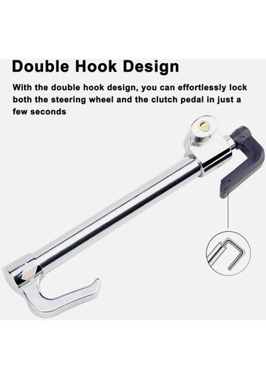 Prestigegoods Araba Direksiyon Fren Kilidi Katı Çelik Çift Kancalı 2 Anahtarlı Geri Çekilebilir Debriyaj Pedal Kilidi Gümüş Gümüş