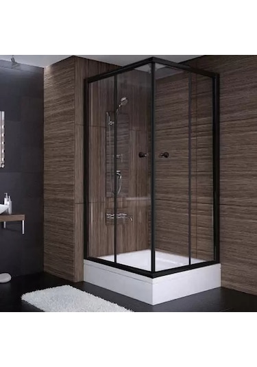 80x80x190 Kare Siyah Profil Şeffaf Cam Duş Kabini & 80x80x16 Panelli Duş Teknesi Set Krom