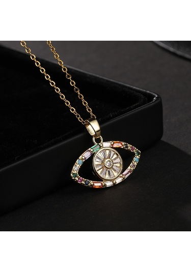 Takı: Titanyum Çelik Köprücük Kimi Zinciri, Renkli Zirkon Taşlı Göz Pandantif, Şeytan Gözü Kolye Altın - Gümüş