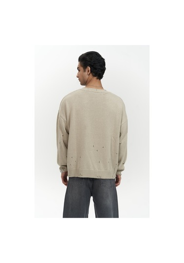 Alec Fitilli Yırtık Detay Bej Erkek Triko Kazak Bej