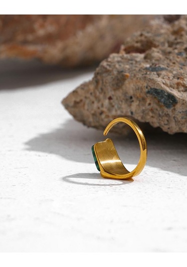 Eetit Paslanmaz Çelik Yeşil Doğal Taş Kadın Açık Yüzük Yeşil