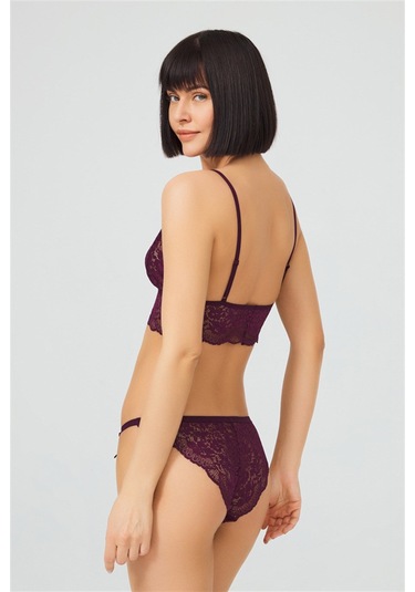 Mürdüm Dantelli Transparan Balensiz Kadın Sütyen Takımı MÜRDÜM
