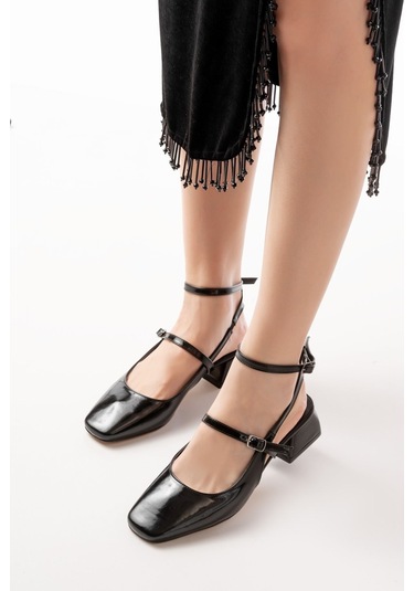 St-003 Siyah Rugan Günlük 4 Cm Topuklu Bayan Ayakkabı Renksiz