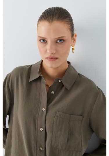 4628 Kadın Cep Detaylı Modal Gömlek Haki Haki