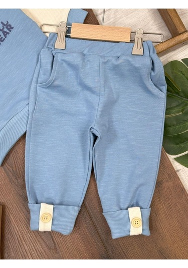 Ayıcık Baskılı Bisiklet Yaka Düğme Detaylı 2'li Bebek Takım Mavi