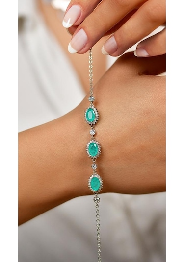 Roza Silver Paraiba Taşlı Rodyum Oval Anturaj Gümüş Bileklik