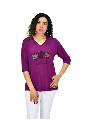 Caftan Kadın Kısa Kol Taşlı Bluz Bgl-st04711 Mor
