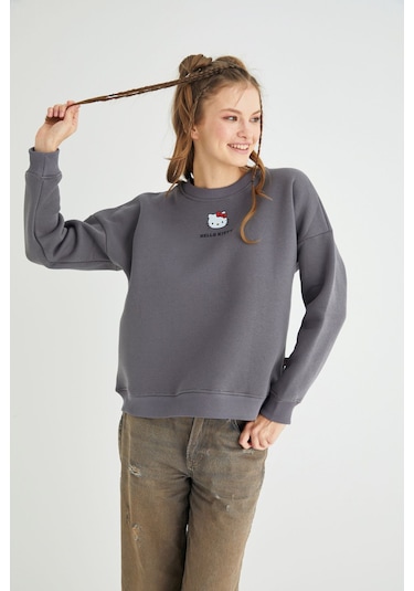 Hello Kitty Lisanslı Baskılı Kalın Oversize Fit Gri Sweatshirt Renkli