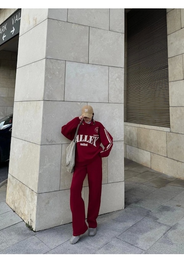Modaserdem Üç İplik Yakalı Sweat Baggy Pantalonlu Takım - Bordo Bordo