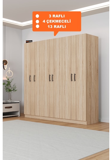 Ae-2115 Kale Sonomo Gardırop 6 Kapaklı, 4 Çekmeceli, 3 Askılıklı,