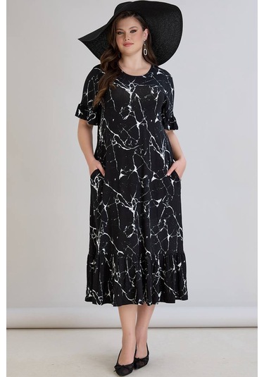 Wearon Kadın Dora Büyük Beden Volanlı Mermer Desen Siyah Elbise Siyah