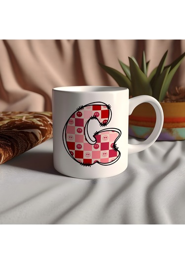 G Harfi Pembe Kareli Kalpli Göz Emojili Kupa Bardak Eğlenceli Kareli Tasarım Kahve Çay Kupası 07 Beyaz