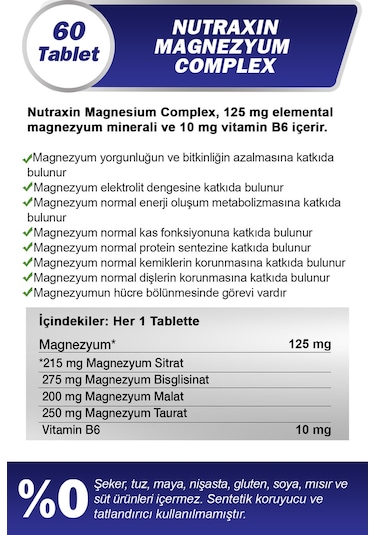 Nutraxin Magnezyum Complex 60 Tablet 125 Mg - Bisiglinat - Taurat - Malat - Sitrat - B6