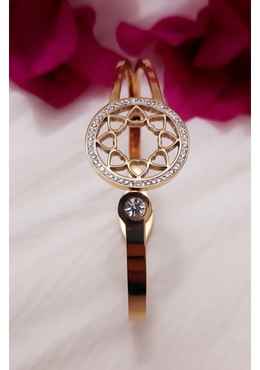 Giftworld Çelik Gold Taşlı Zarif Kelepçe Bileklik Altın