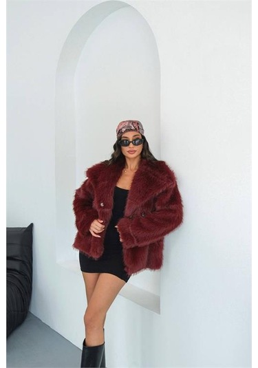 Neşeli Butik Kadın Bordo Astarlı Kürk Kaban Nbmylk32 Bordo