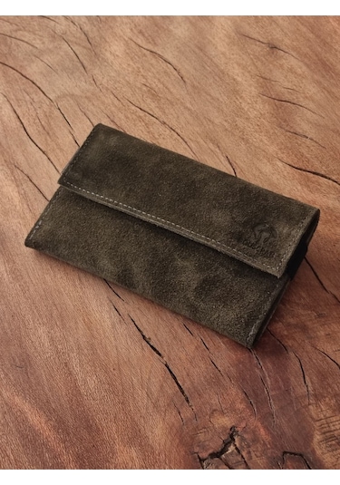 Tütün Kesesi Cüzdan Tütün Çantası Kartlıklı %100 Gerçek Süet Deri Haki Yeşil