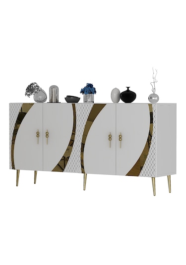 Handle Konsol Tv Sehpası Çok Amaçlı Dolap 150 Cm Beyaz Altın
