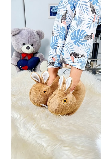 Kadın Panduf Tavşan Figürlü Peluş Ev Botu Desenli Düz Taban Rahat Hafif 359 Kahve